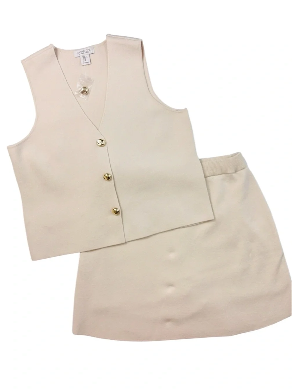 NWT Rachel Zoe Cream Rayon Blend Sleeveless Gold Button Down Mini Skirt Set (XL) - Picture 2 of 15